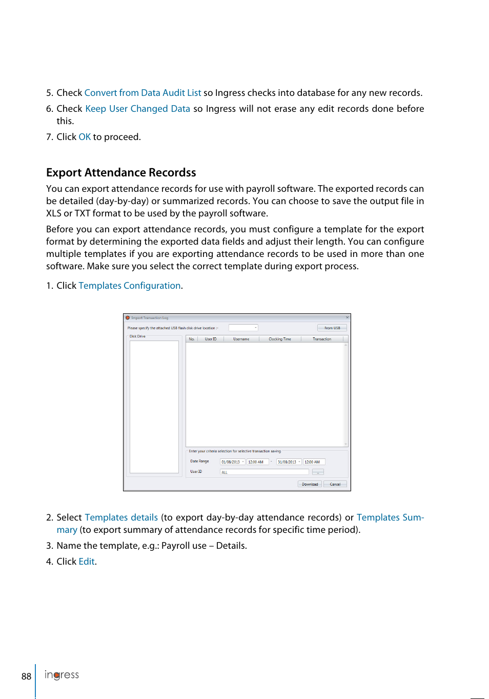 Export attendance recordss | FingerTec Ingress User Manual | Page 88 / 104