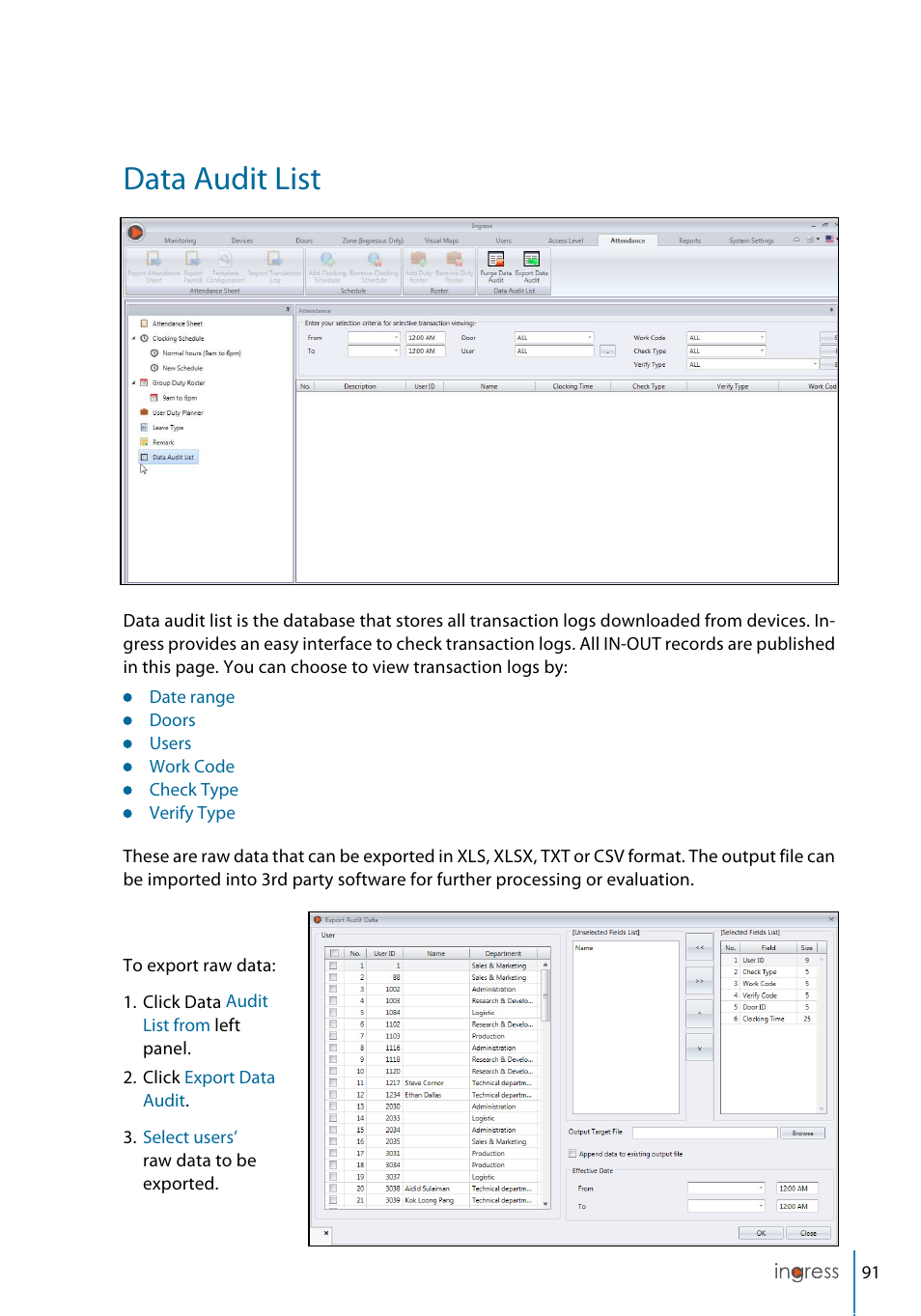 Data audit list | FingerTec Ingress User Manual | Page 91 / 104