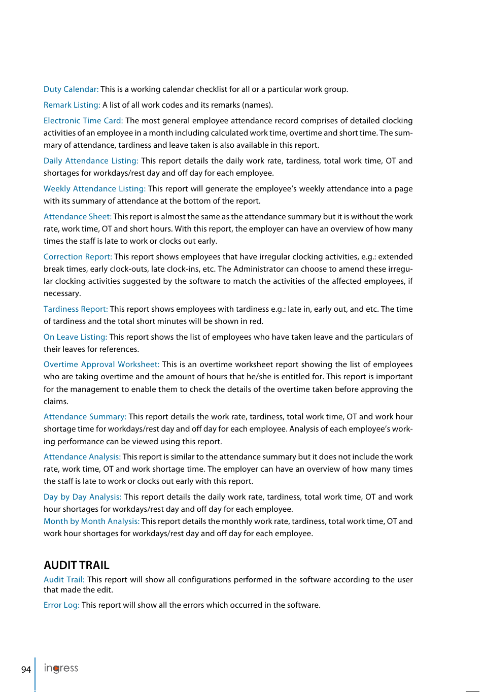 Audit trail | FingerTec Ingress User Manual | Page 94 / 104