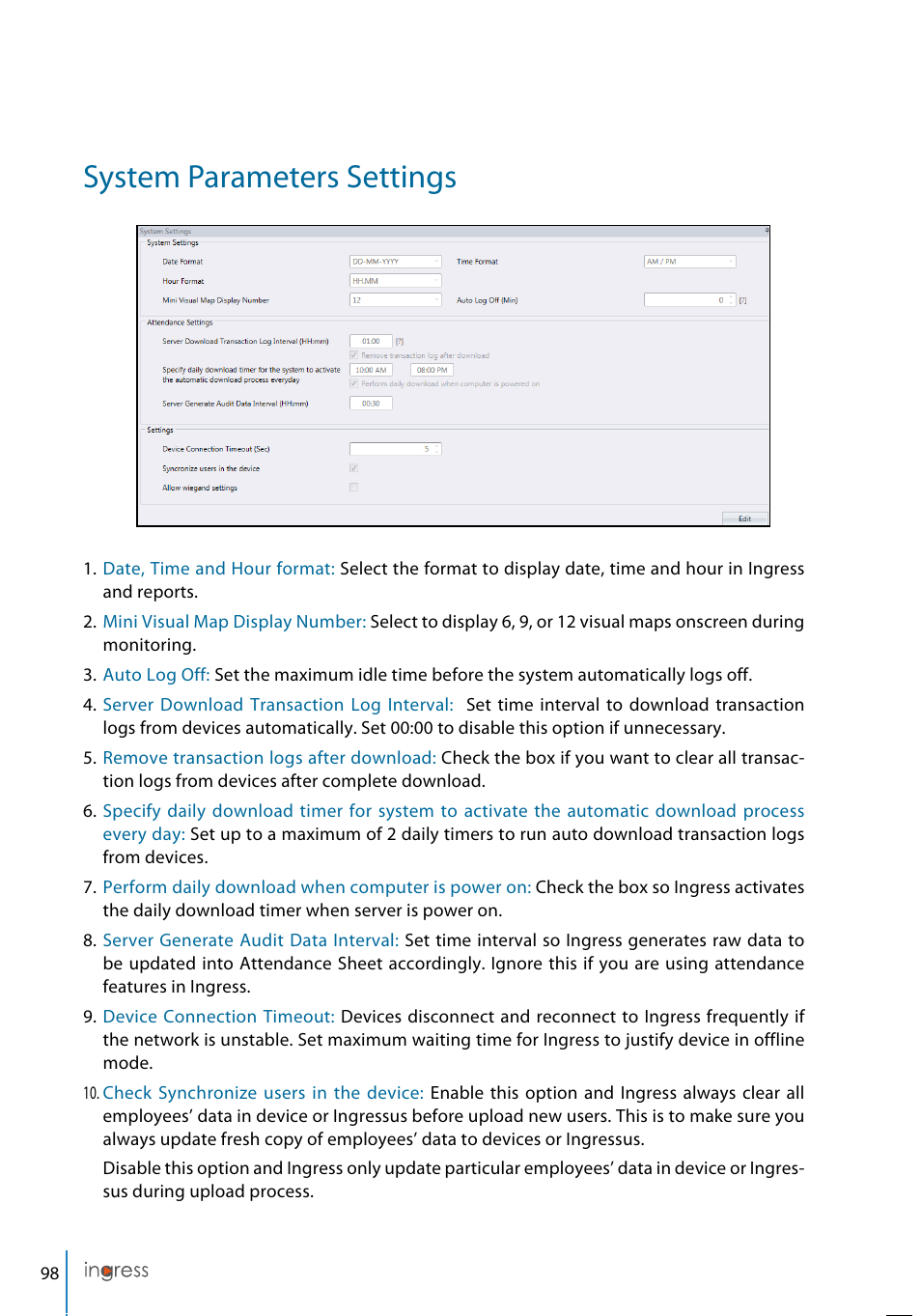 System parameters settings | FingerTec Ingress User Manual | Page 98 / 104