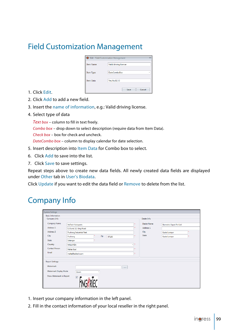 Field customization management, Company info | FingerTec Ingress User Manual | Page 99 / 104