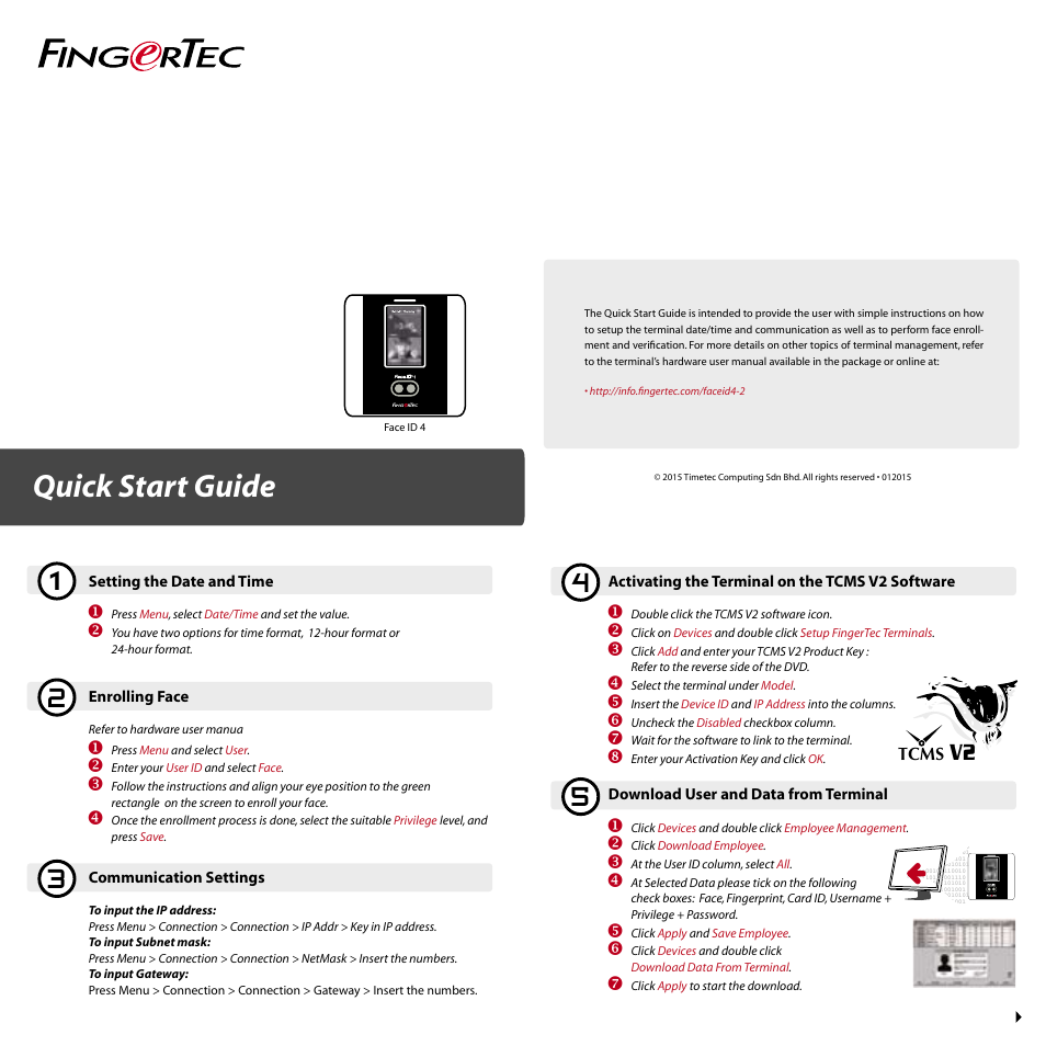 FingerTec Face Recognition Face ID 4 User Manual | 2 pages