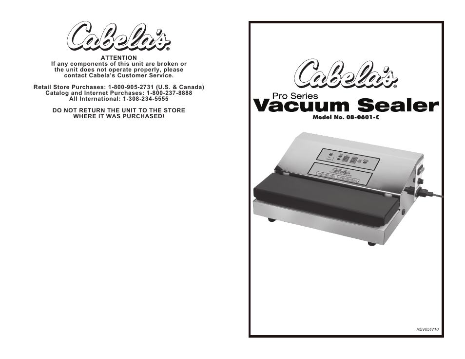 Cabela's Pro Series Vacuum Sealer 08-0601-C User Manual | 12 pages