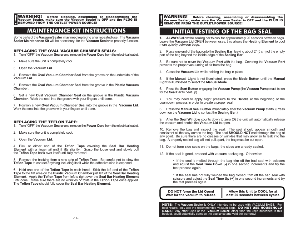 Maintenance kit instructions, Initial testing of the bag seal | Cabela's Pro Series Vacuum Sealer 08-0601-C User Manual | Page 11 / 12