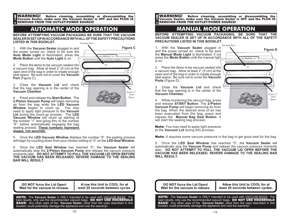 Manual mode operation, Automatic mode operation | Cabela's Pro Series Vacuum Sealer 08-0601-C User Manual | Page 12 / 12