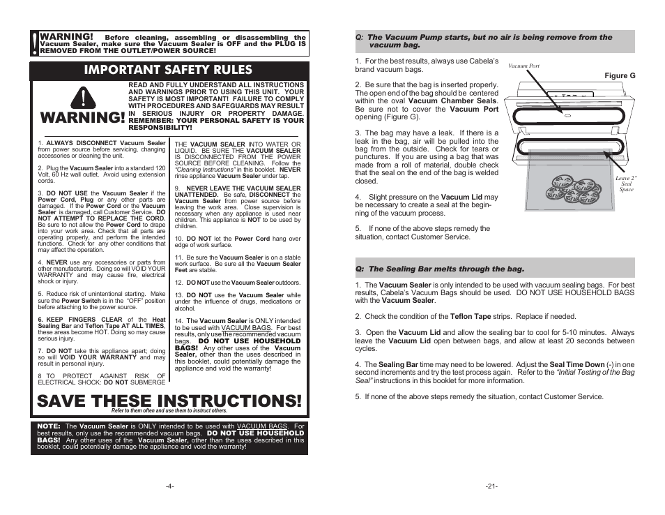 Save these instructions, Warning, Important safety rules | Cabela's Pro Series Vacuum Sealer 08-0601-C User Manual | Page 4 / 12