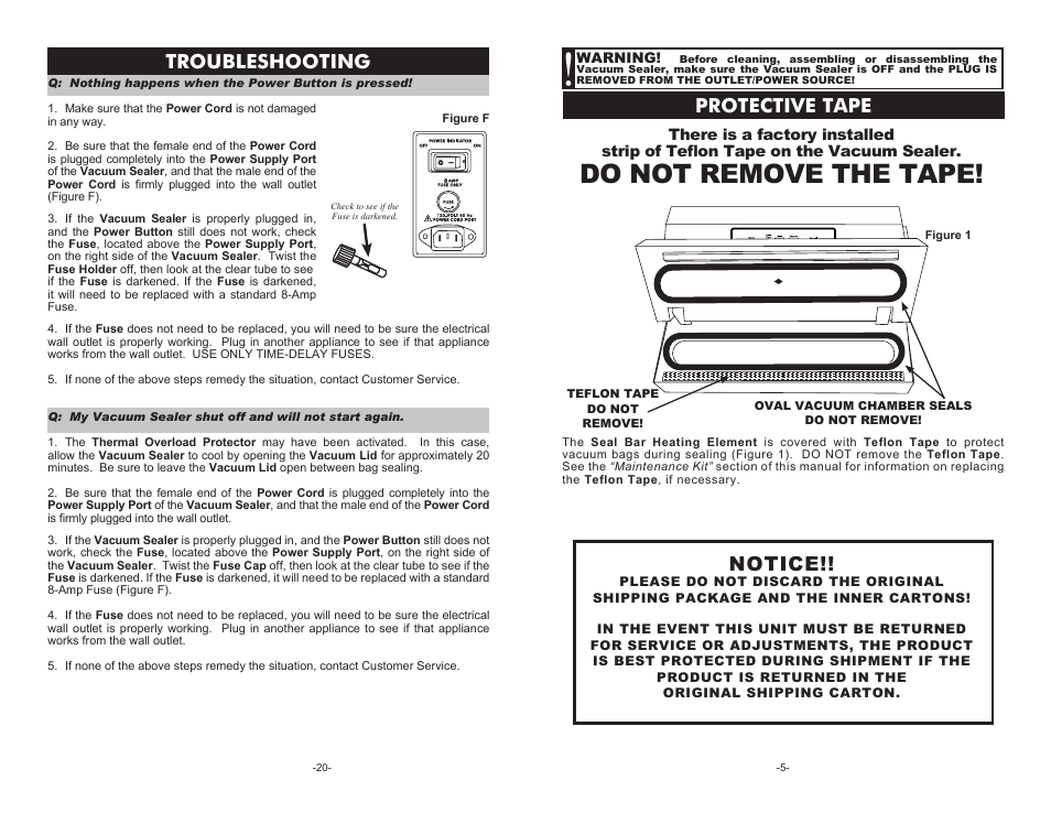 Do not remove the tape, Protective tape, Troubleshooting | Notice | Cabela's Pro Series Vacuum Sealer 08-0601-C User Manual | Page 5 / 12