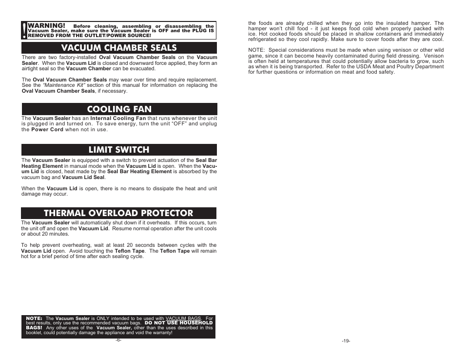 Vacuum chamber seals, Cooling fan, Thermal overload protector | Limit switch | Cabela's Pro Series Vacuum Sealer 08-0601-C User Manual | Page 6 / 12