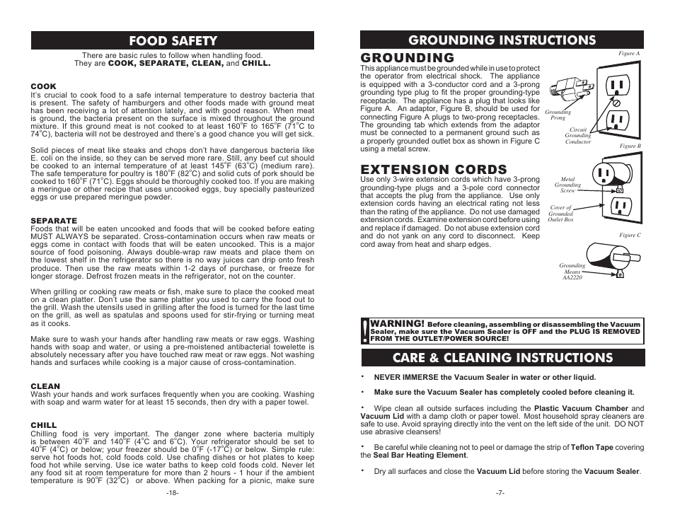 Care & cleaning instructions, Grounding, Extension cords | Grounding instructions, Food safety | Cabela's Pro Series Vacuum Sealer 08-0601-C User Manual | Page 7 / 12
