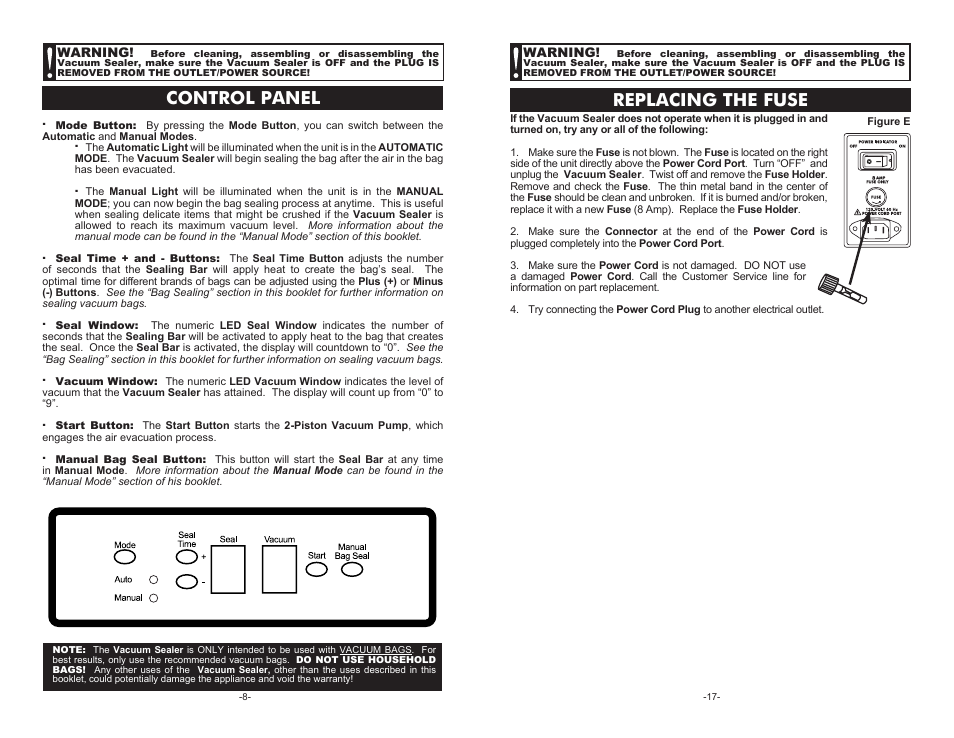 Control panel, Replacing the fuse | Cabela's Pro Series Vacuum Sealer 08-0601-C User Manual | Page 8 / 12