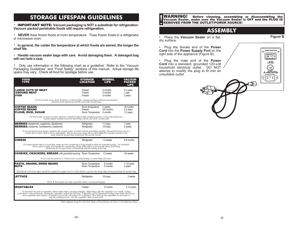 Assembly, Storage lifespan guidelines, Warning | Cabela's Pro Series Vacuum Sealer 08-0601-C User Manual | Page 9 / 12