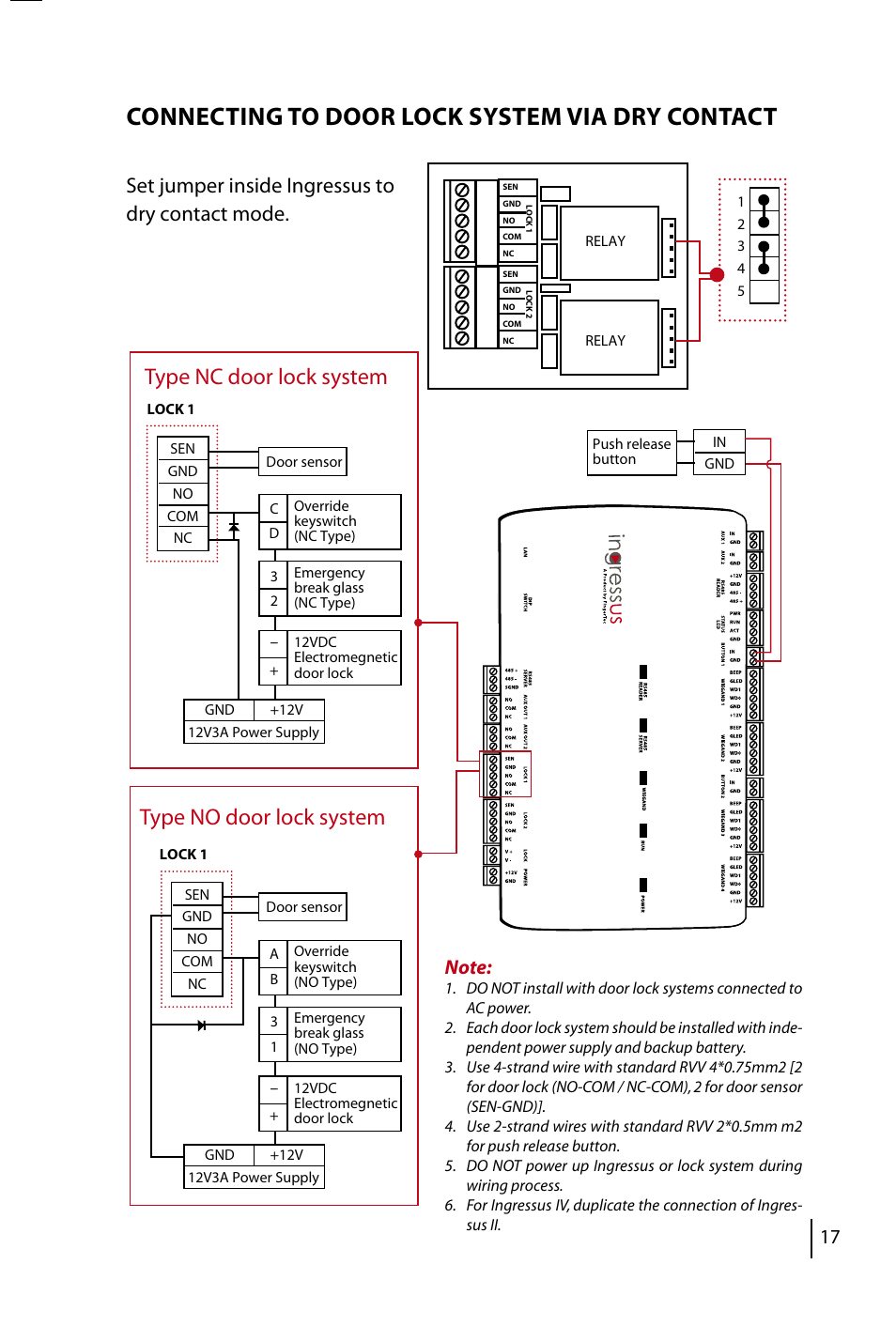 Connecting to door lock system via dry contact, Type nc door lock system type no door lock system, Set jumper inside ingressus to dry contact mode | FingerTec Ingressus IV User Manual | Page 17 / 24