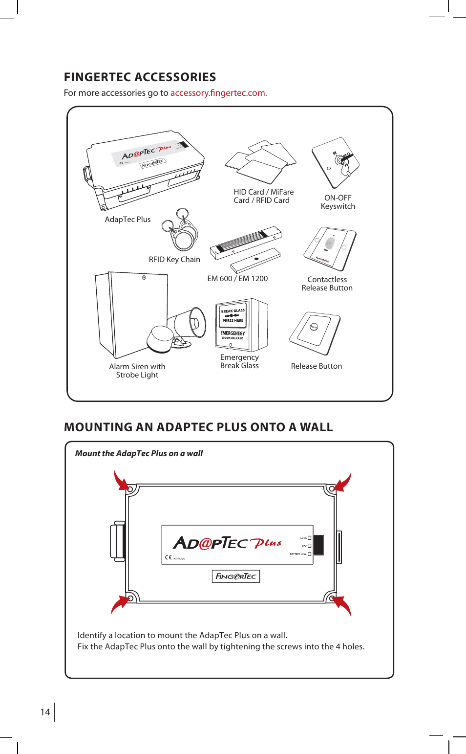 Fingertec accessories, Mounting an adaptec plus onto a wall | FingerTec AdapTec Plus (New Model) User Manual | Page 13 / 14