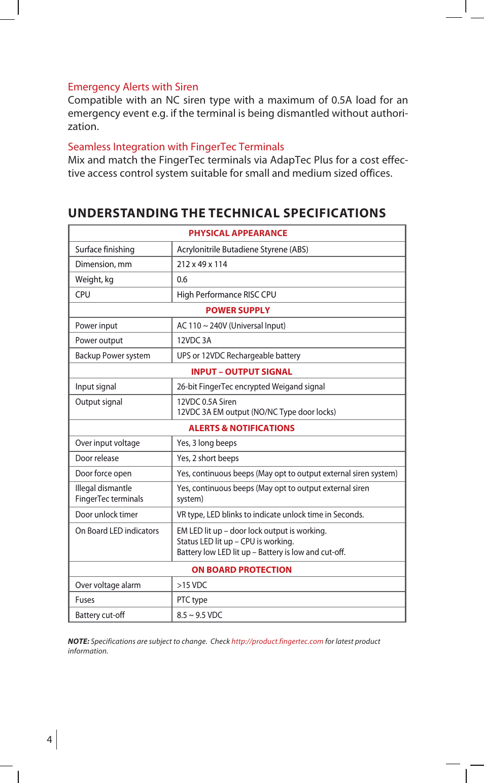 Understanding the technical specifications | FingerTec AdapTec Plus (New Model) User Manual | Page 3 / 14