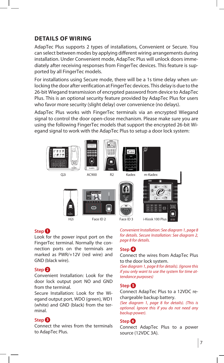 Details of wiring, Step, Connect adaptec plus to a power source (12vdc 3a) | FingerTec AdapTec Plus (New Model) User Manual | Page 6 / 14