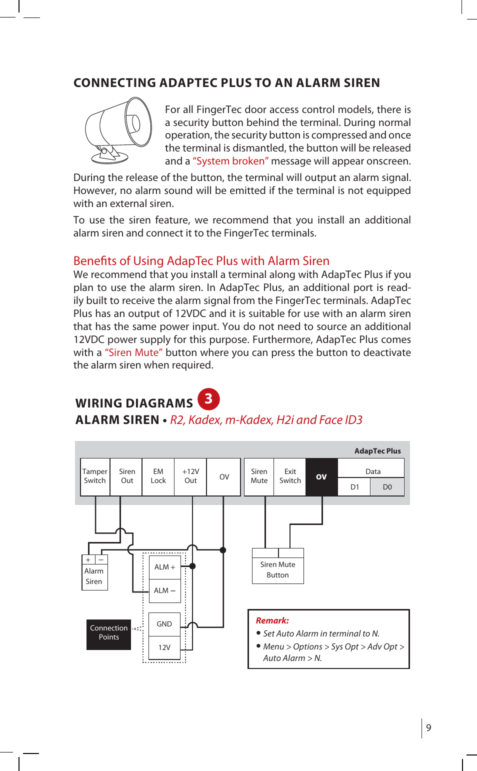 Wiring diagrams, Benefi ts of using adaptec plus with alarm siren | FingerTec AdapTec Plus (New Model) User Manual | Page 8 / 14