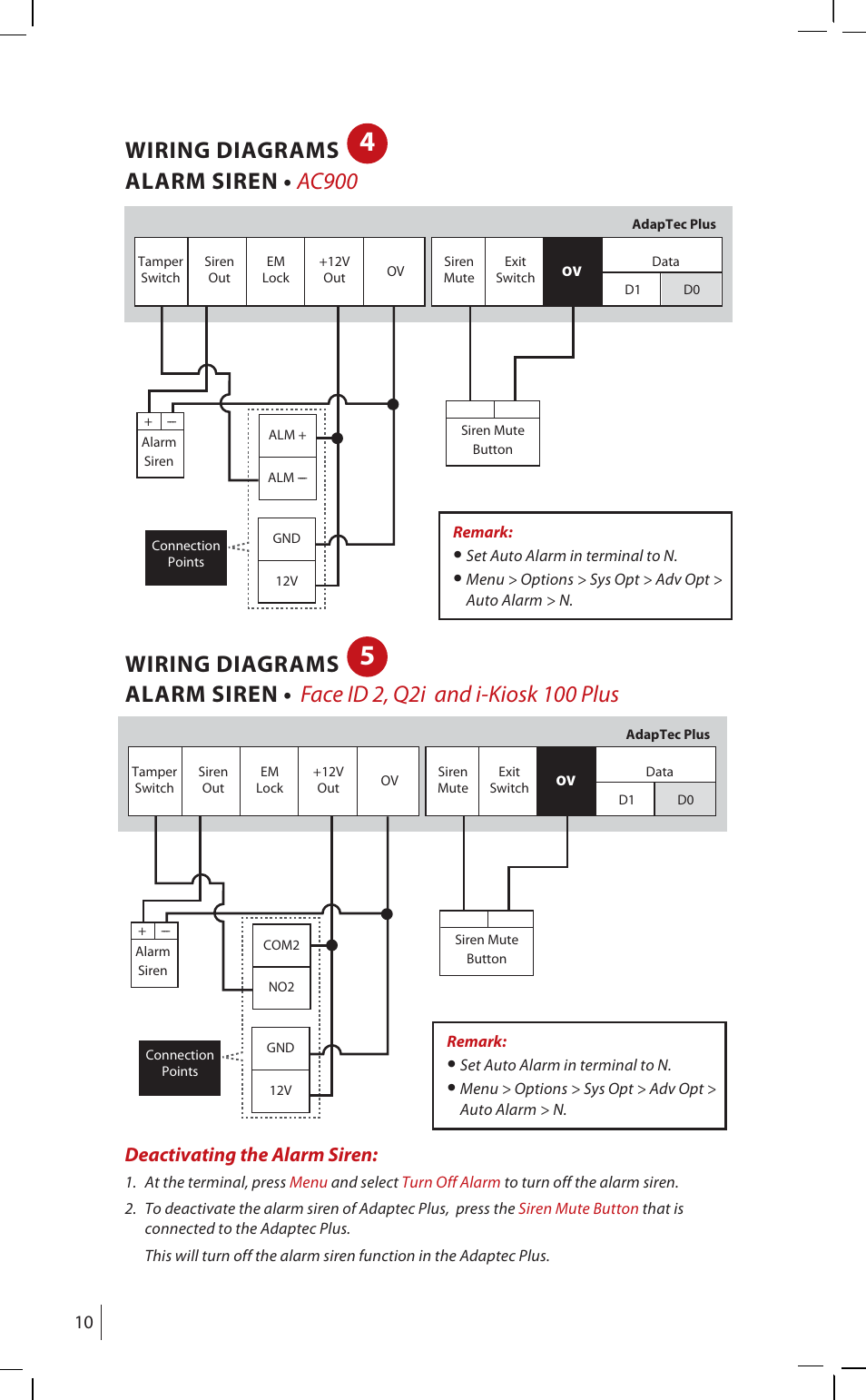 Wiring diagrams, Alarm siren • ac900, Deactivating the alarm siren | FingerTec AdapTec Plus (New Model) User Manual | Page 9 / 14