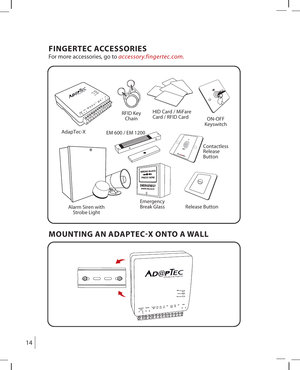 Mounting an adaptec-x onto a wall, Fingertec accessories | FingerTec AdapTec-X User Manual | Page 14 / 15