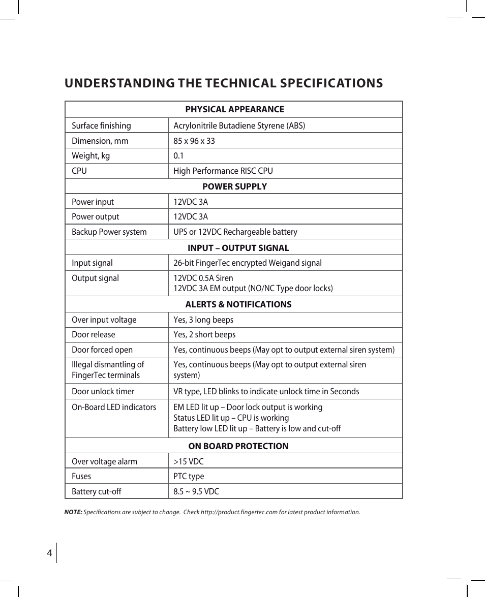 Understanding the technical specifications | FingerTec AdapTec-X User Manual | Page 4 / 15