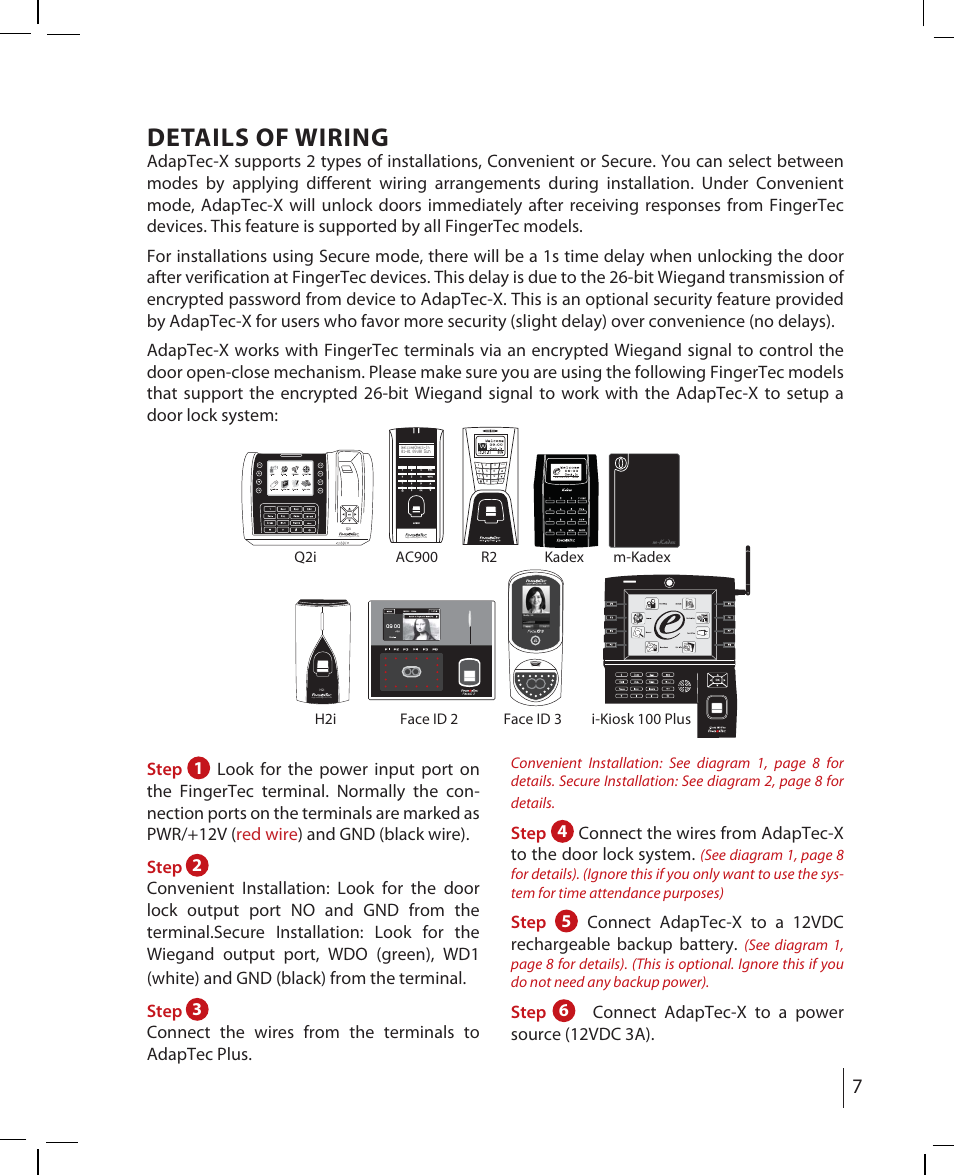 Details of wiring, Step 1, Step 4 | Step 5, Step 6, Connect adaptec-x to a power source (12vdc 3a) | FingerTec AdapTec-X User Manual | Page 7 / 15