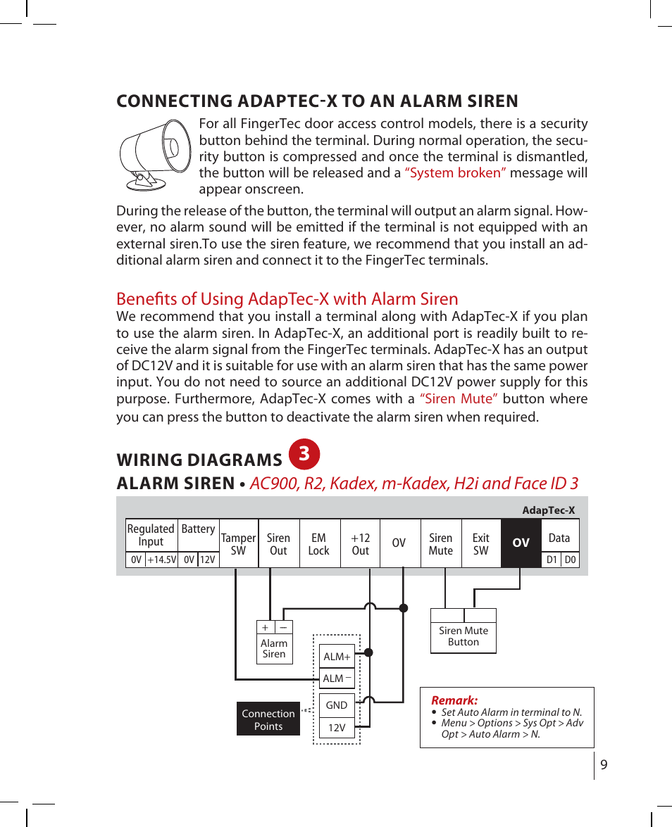 Connecting adaptec-x to an alarm siren, Benefi ts of using adaptec-x with alarm siren, Wiring diagrams | FingerTec AdapTec-X User Manual | Page 9 / 15