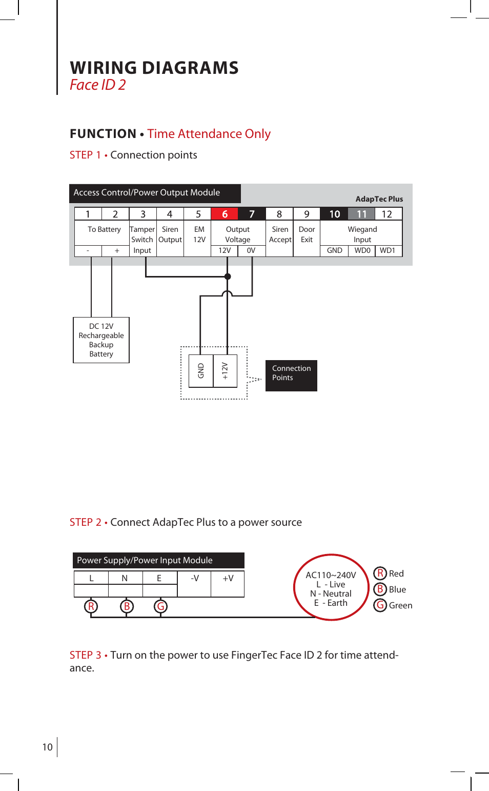 Wiring diagrams, Face id 2, Function • time attendance only | FingerTec AdapTec Plus User Manual | Page 10 / 20