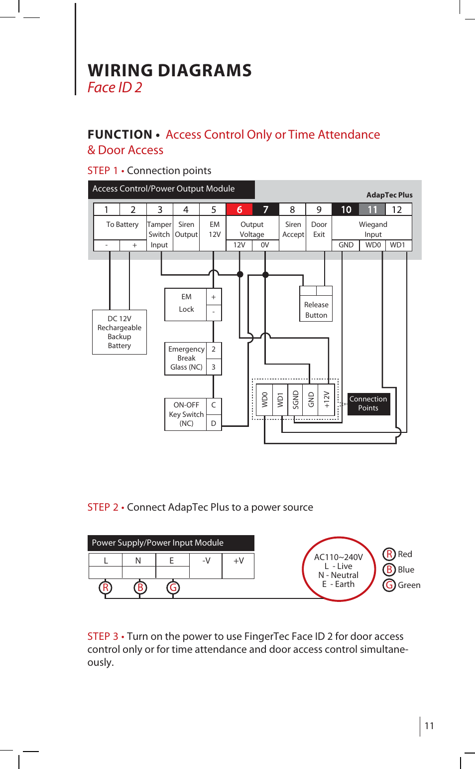 Wiring diagrams, Face id 2, Function | FingerTec AdapTec Plus User Manual | Page 11 / 20