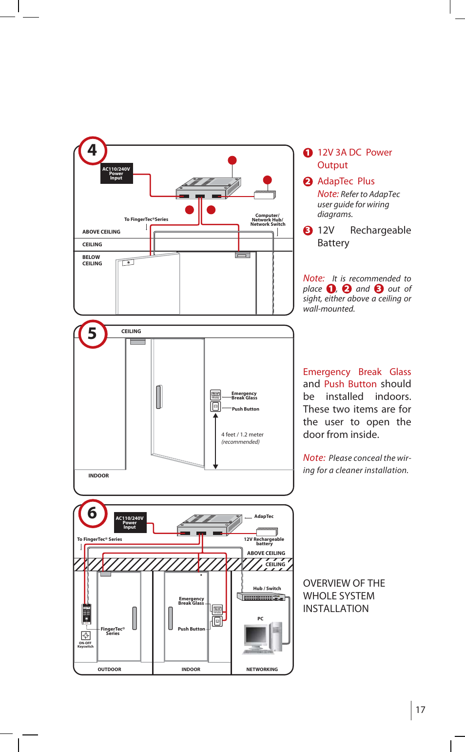 12v rechargeable battery, Overview of the whole system installation, 12v 3a dc power output | Adaptec plus, Emergency break glass, Push button | FingerTec AdapTec Plus User Manual | Page 17 / 20