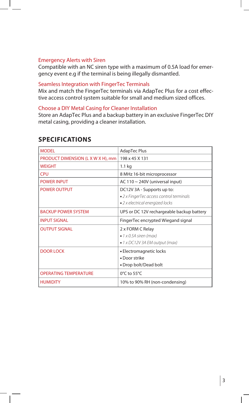 Specifications | FingerTec AdapTec Plus User Manual | Page 3 / 20