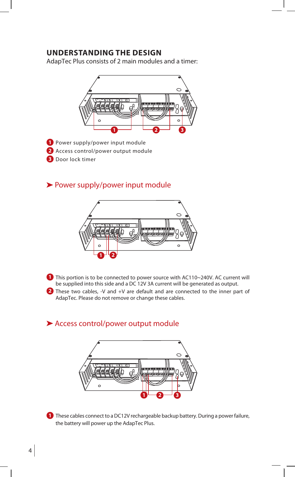 Understanding the design, Power supply/power input module, Access control/power output module | FingerTec AdapTec Plus User Manual | Page 4 / 20