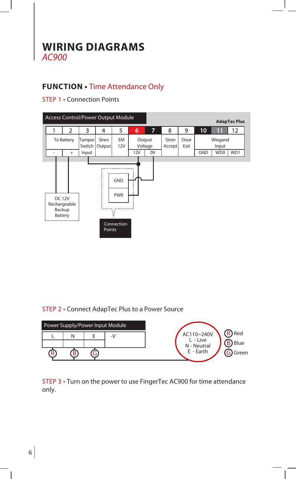 Wiring diagrams, Ac900, Function • time attendance only | FingerTec AdapTec Plus User Manual | Page 6 / 20