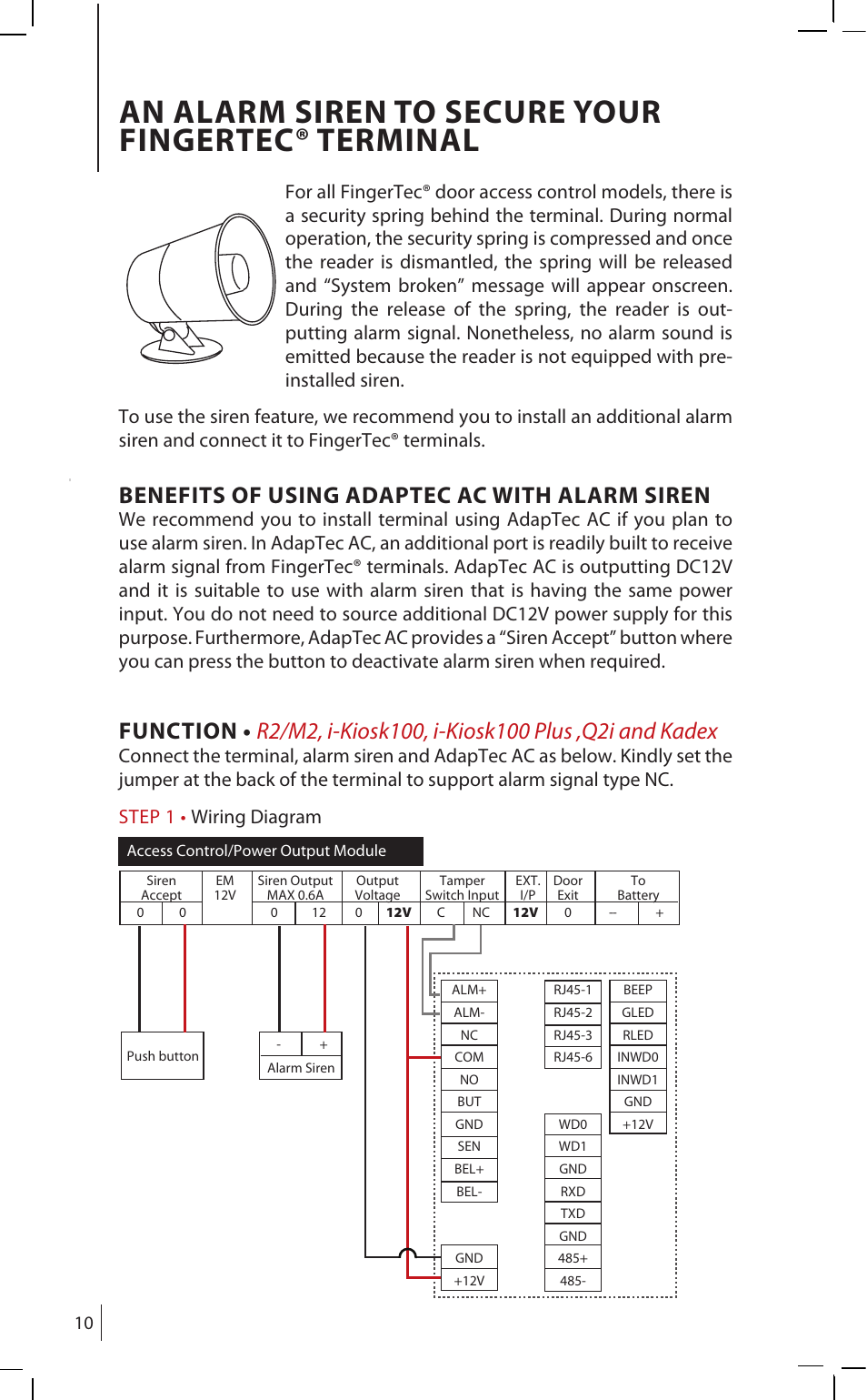 An alarm siren to secure your fingertec® terminal, Benefits of using adaptec ac with alarm siren | FingerTec AdapTec AC User Manual | Page 10 / 16