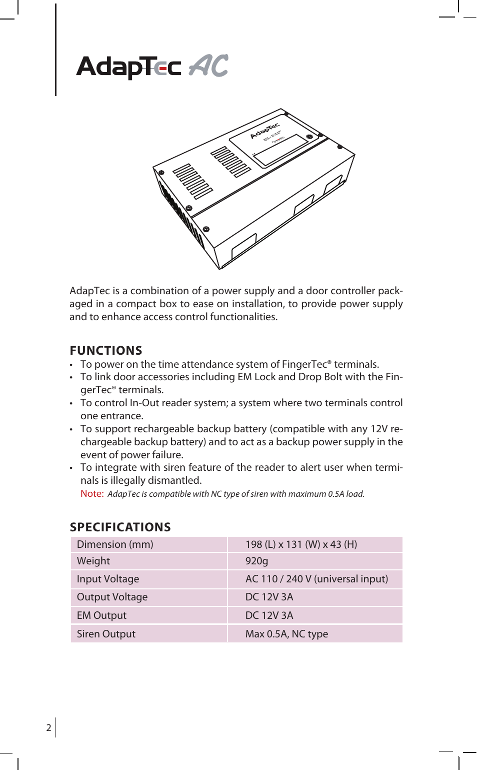 Functions, Specifications | FingerTec AdapTec AC User Manual | Page 2 / 16