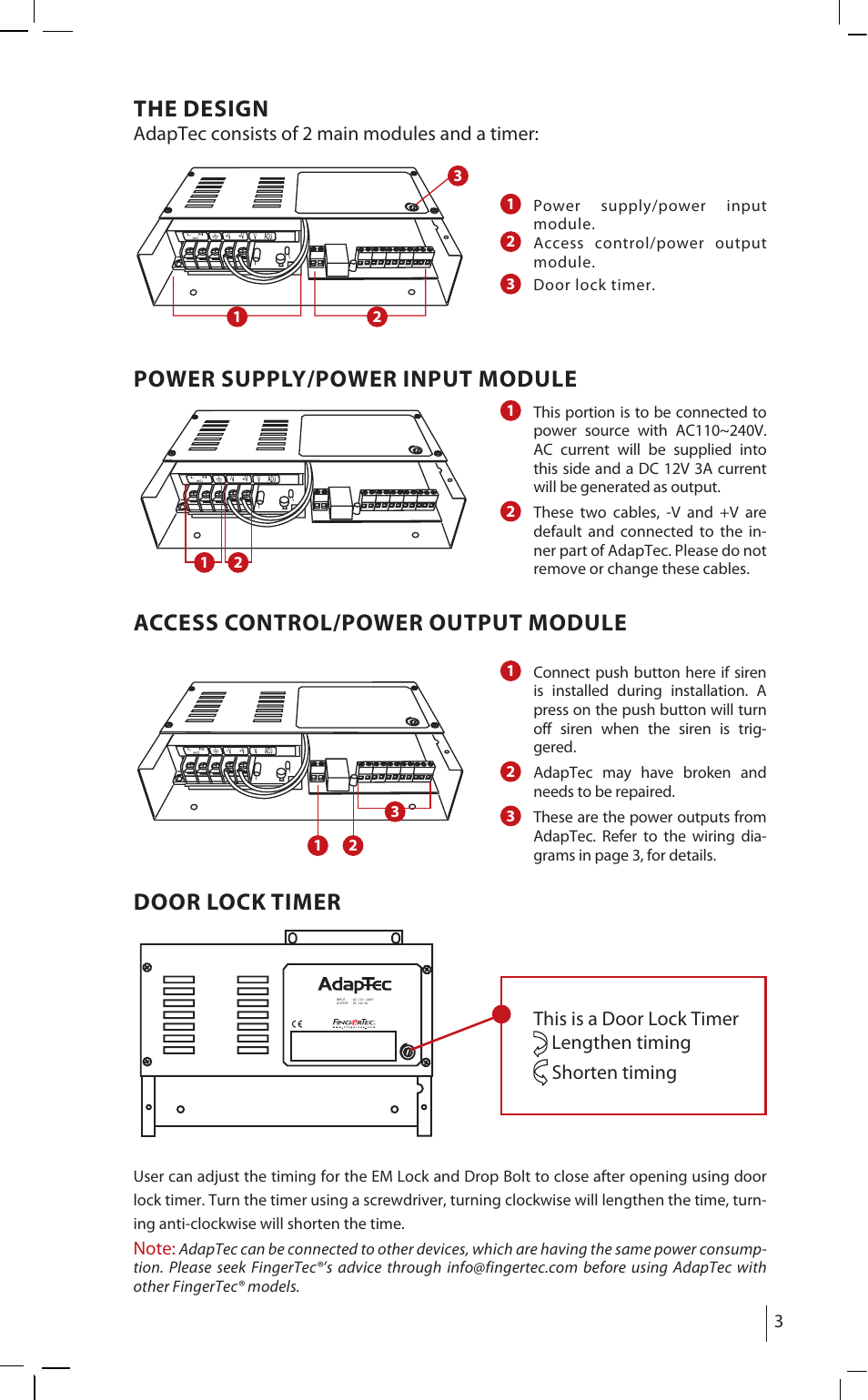 The design, Power supply/power input module, Access control/power output module | Door lock timer | FingerTec AdapTec AC User Manual | Page 3 / 16
