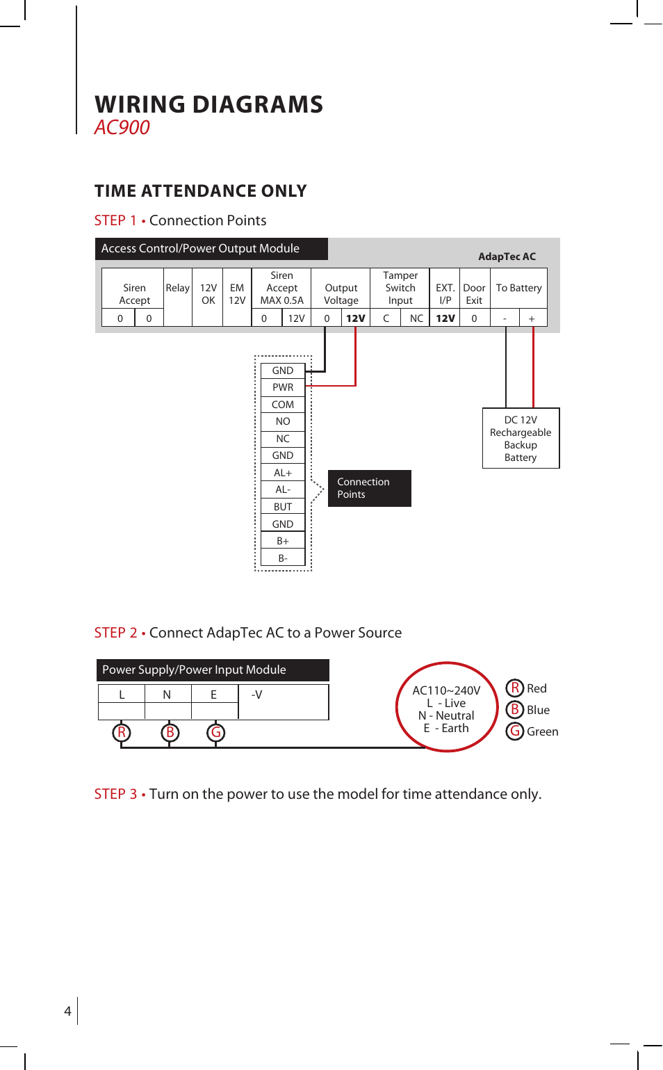 Wiring diagrams, Ac900, Time attendance only | Rb g r | FingerTec AdapTec AC User Manual | Page 4 / 16
