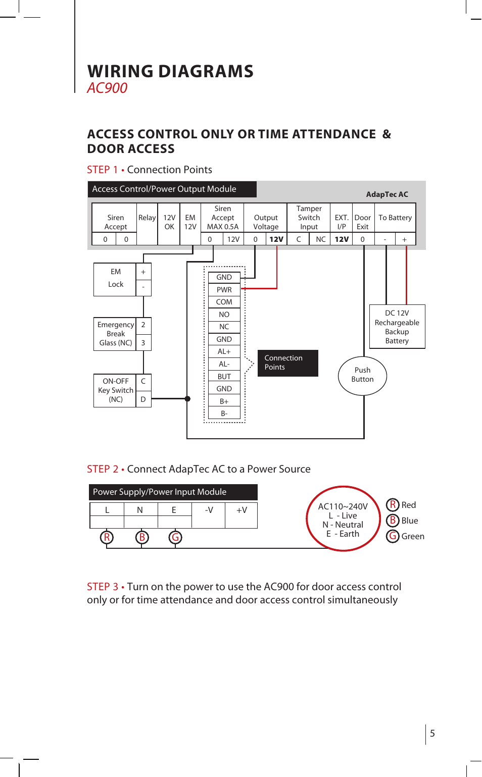 Wiring diagrams, Ac900, Rb g r | FingerTec AdapTec AC User Manual | Page 5 / 16