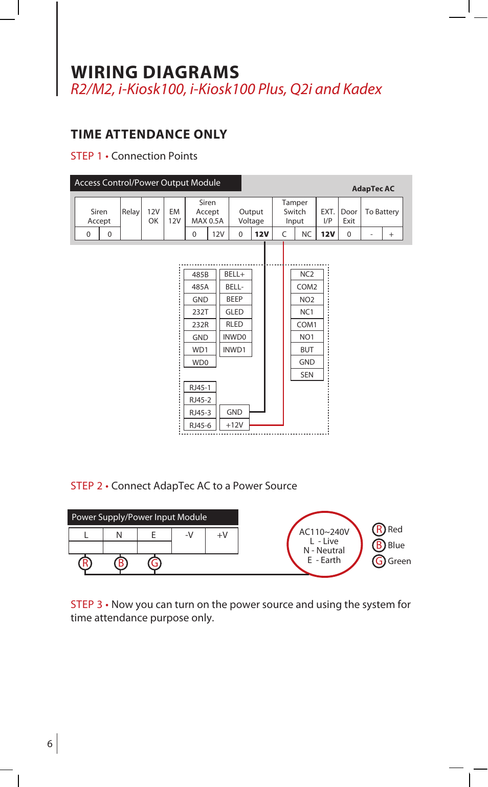 Wiring diagrams, Time attendance only, Rb g | FingerTec AdapTec AC User Manual | Page 6 / 16