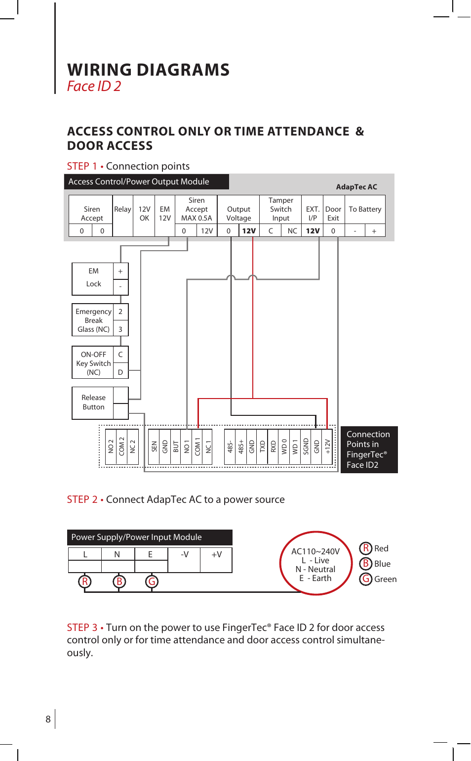 Wiring diagrams, Face id 2, Rb g | FingerTec AdapTec AC User Manual | Page 8 / 16