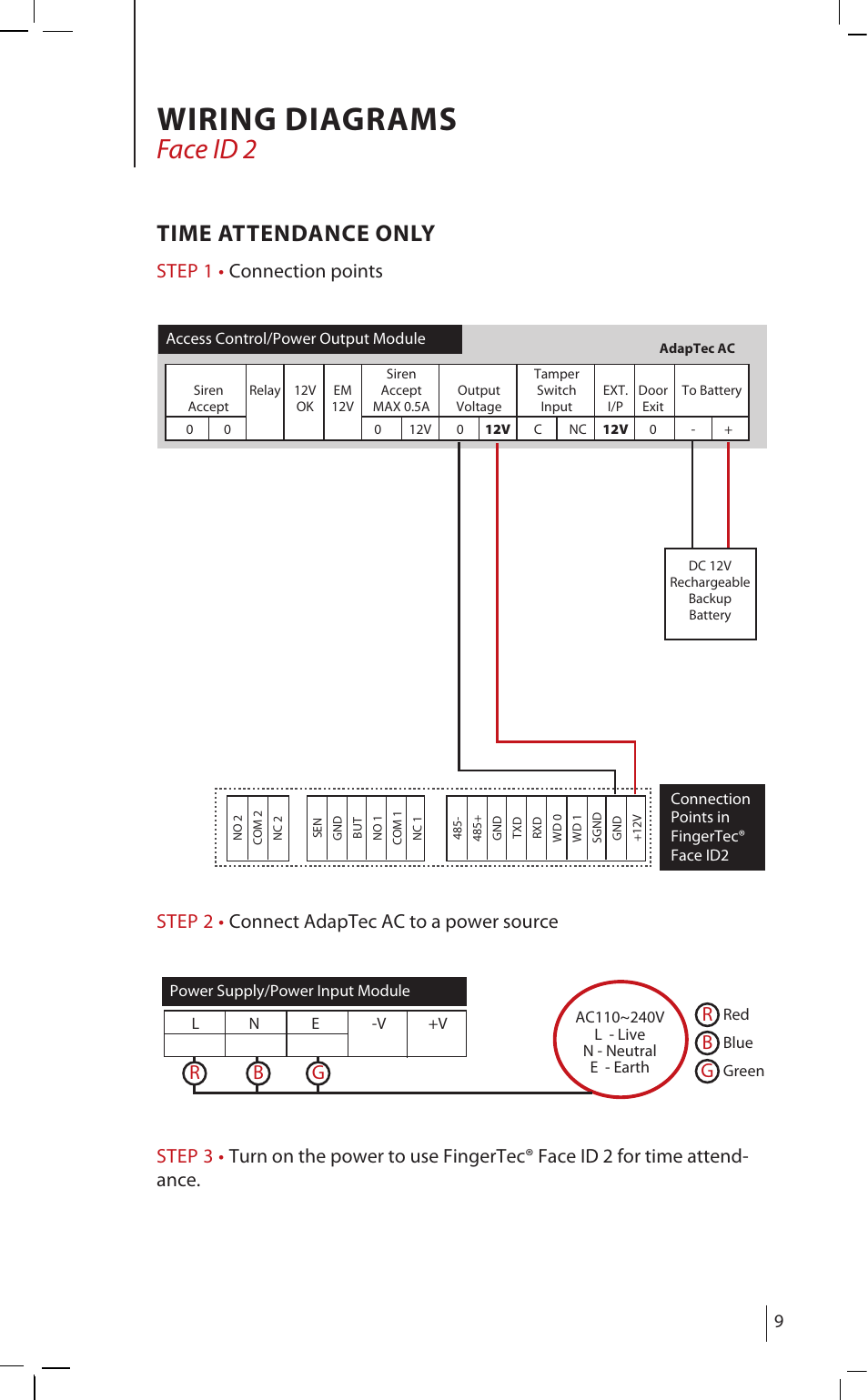 Wiring diagrams, Face id 2, Time attendance only | Rb g | FingerTec AdapTec AC User Manual | Page 9 / 16
