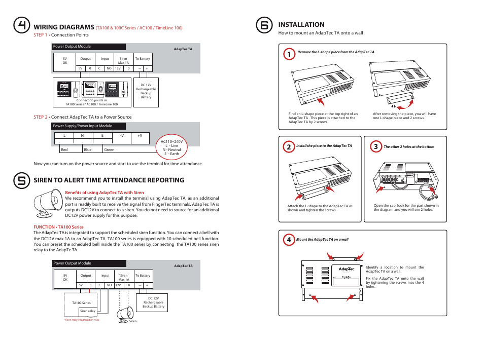 Wiring diagrams, Siren to alert time attendance reporting, Installation | FingerTec AdapTec TA User Manual | Page 2 / 2