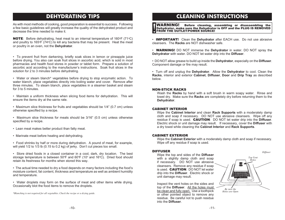 Cleaning instructions, Dehydrating tips | Cabela's Commercial Food Dehydrator 28-0301 User Manual | Page 10 / 10