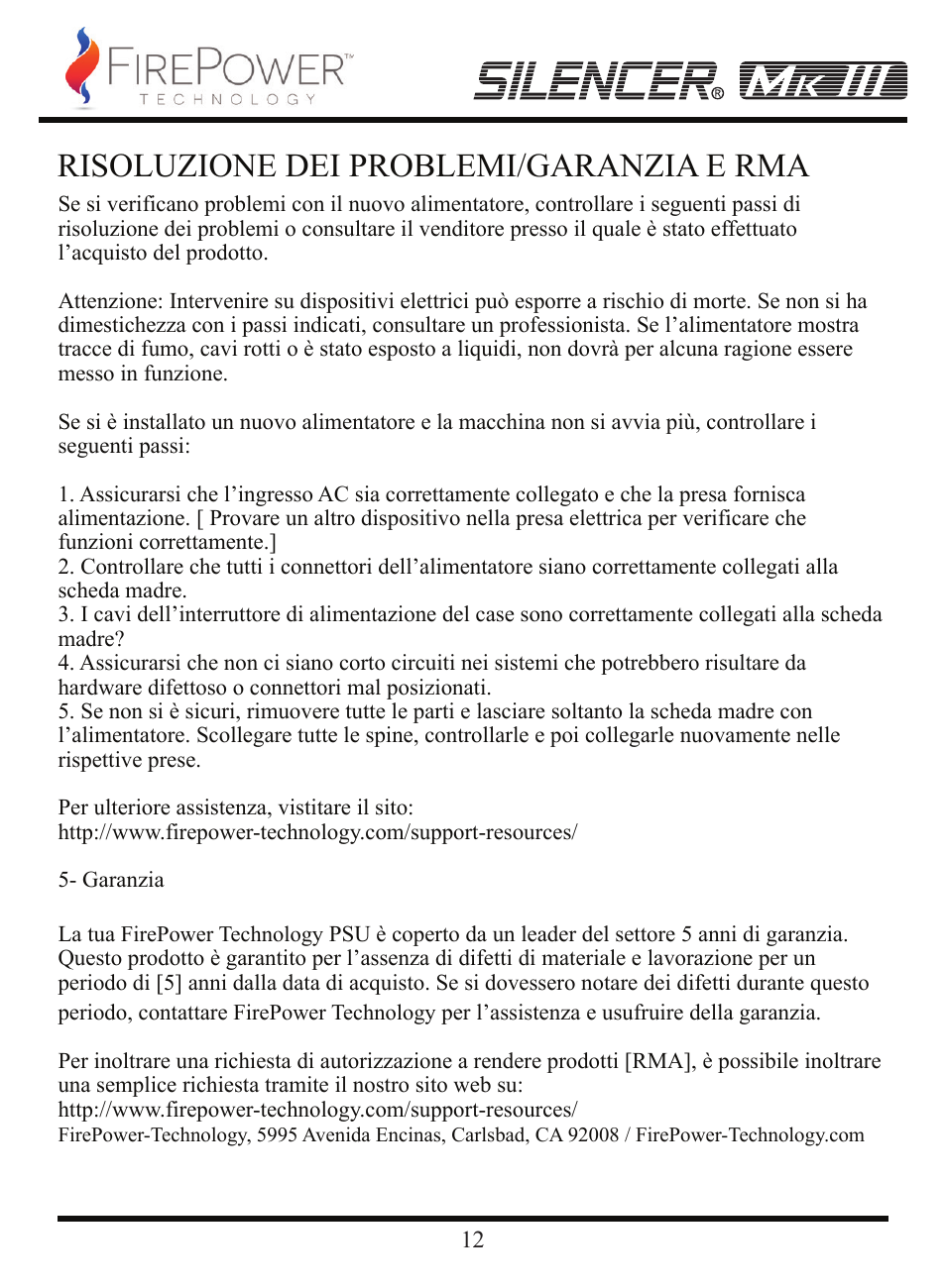 Risoluzione dei problemi/garanzia e rma | FirePower Technology MK3S600 User Manual | Page 13 / 19