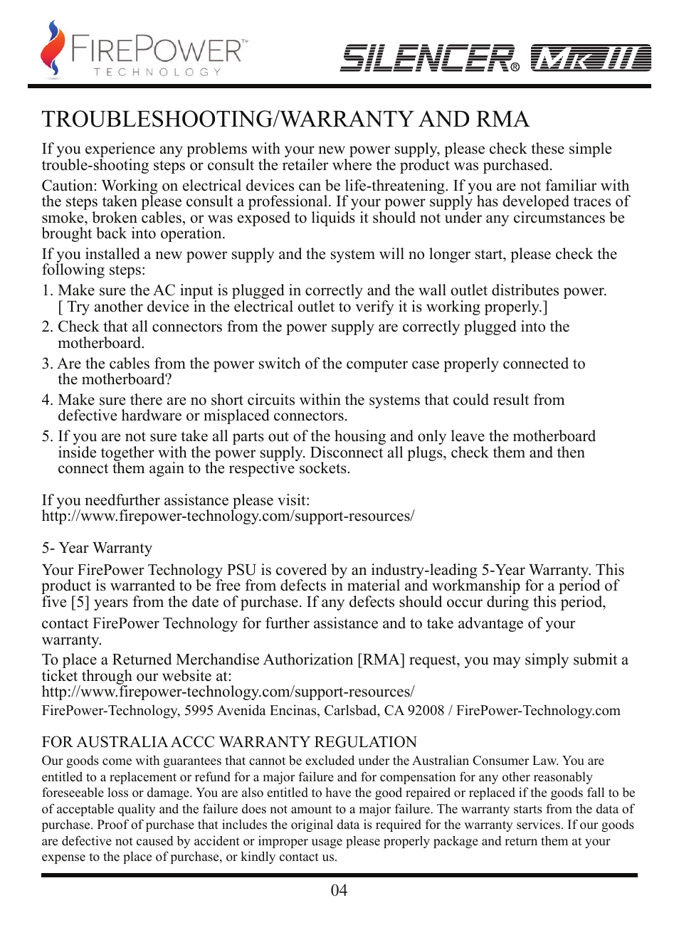 Troubleshooting/warranty and rma | FirePower Technology MK3S600 User Manual | Page 5 / 19