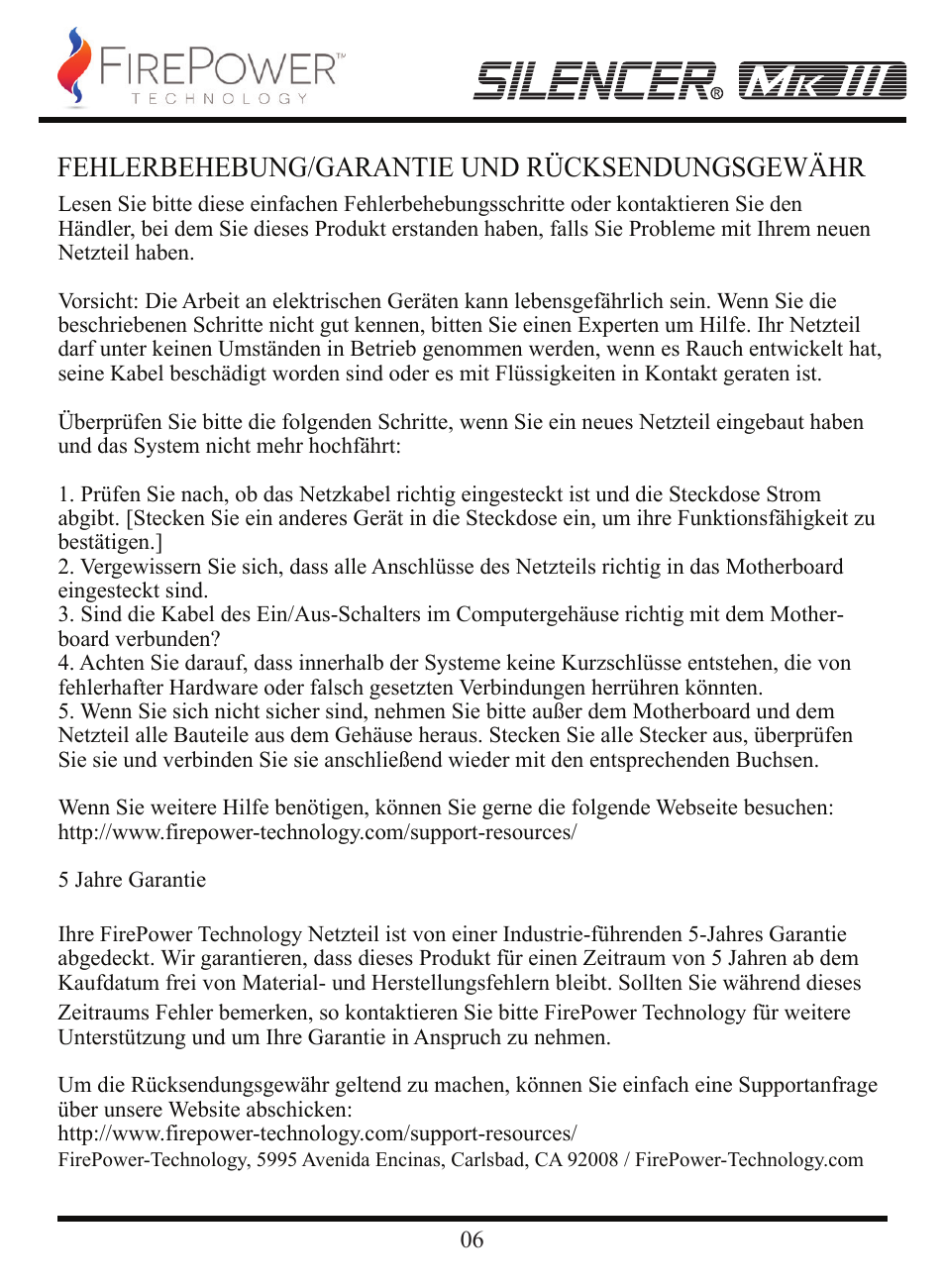 Fehlerbehebung/garantie und rücksendungsgewähr | FirePower Technology MK3S600 User Manual | Page 7 / 19
