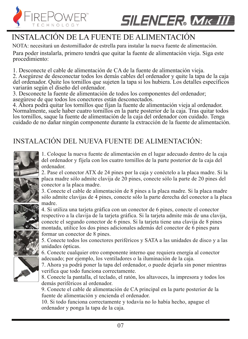 Instalación de la fuente de alimentación, Instalación del nueva fuente de alimentación | FirePower Technology MK3S600 User Manual | Page 8 / 19