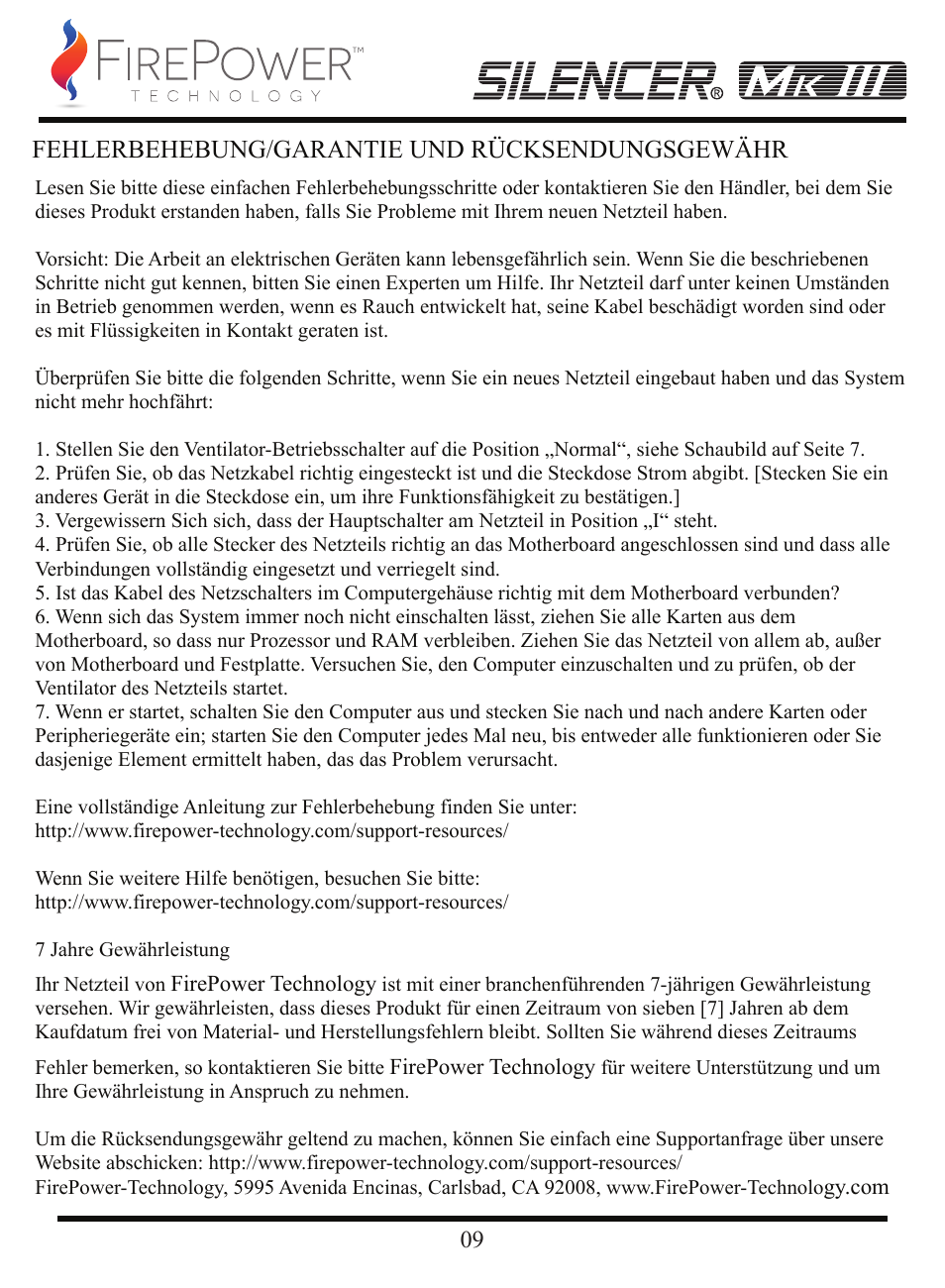 Fehlerbehebung/garantie und rücksendungsgewähr | FirePower Technology MK3S1200W User Manual | Page 10 / 28