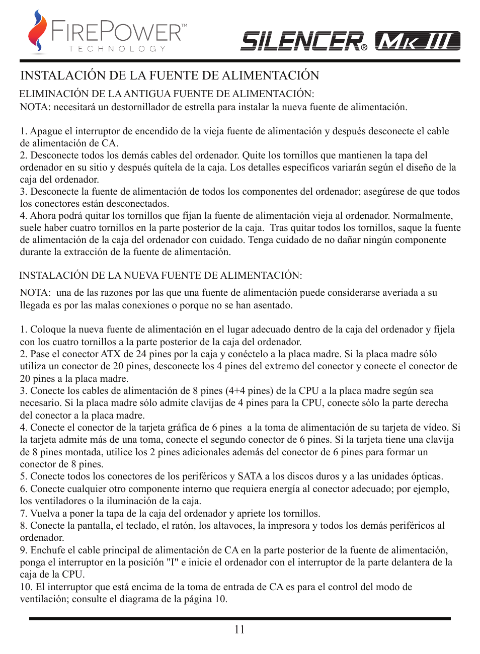 Instalación de la fuente de alimentación | FirePower Technology MK3S1200W User Manual | Page 12 / 28