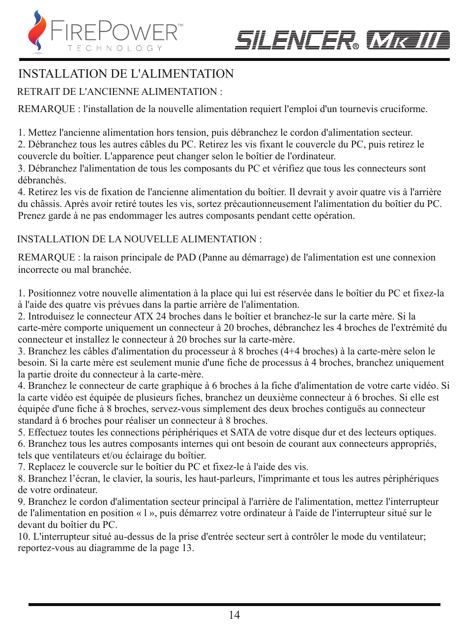 Installation de l'alimentation | FirePower Technology MK3S1200W User Manual | Page 15 / 28