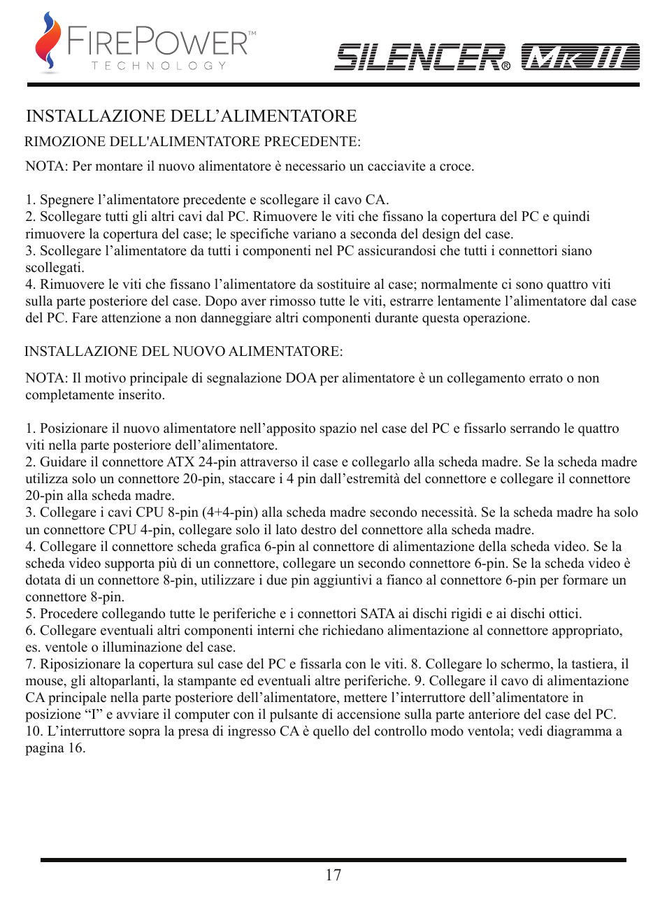Installazione dell’alimentatore | FirePower Technology MK3S1200W User Manual | Page 18 / 28