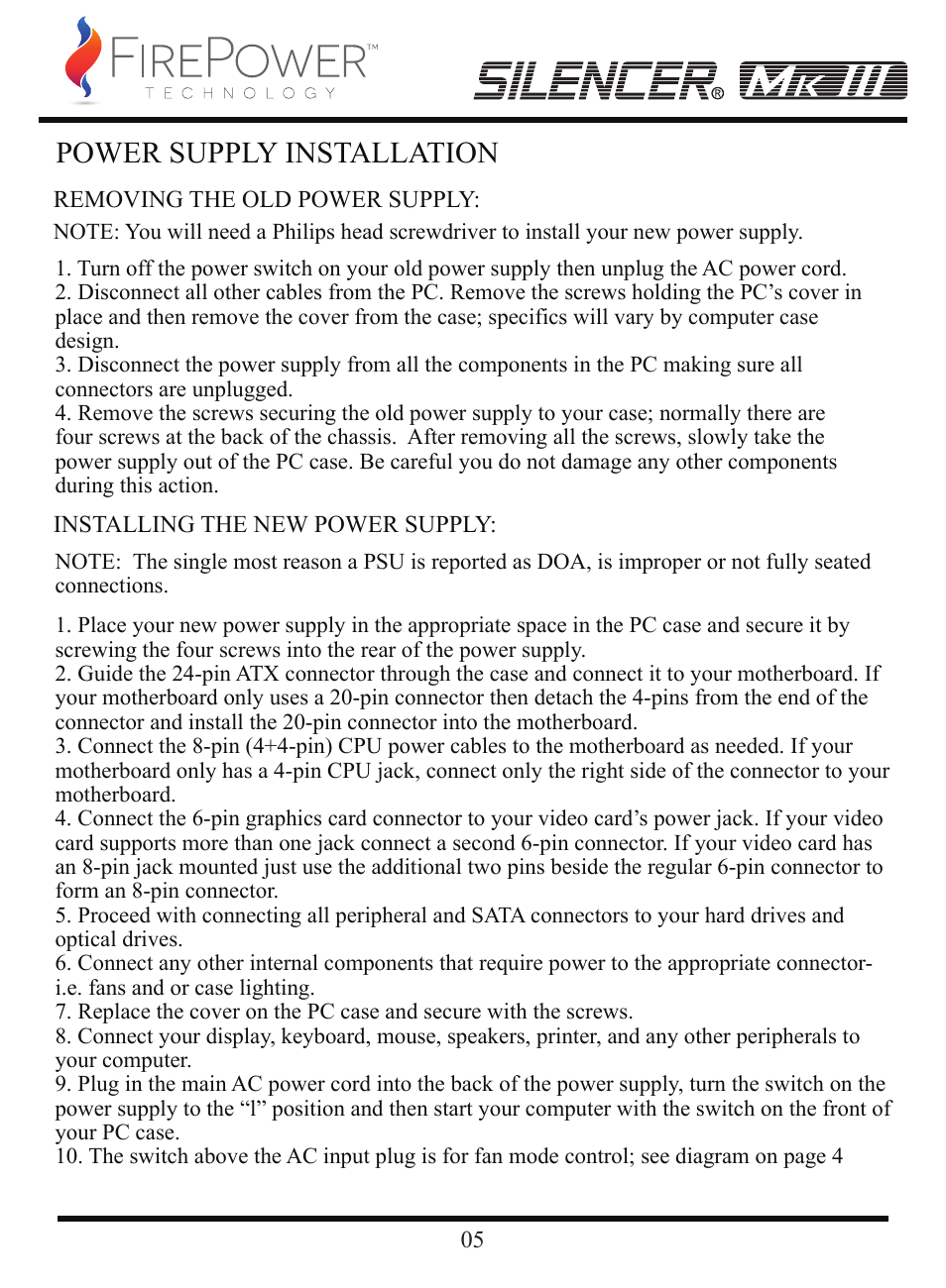 Power supply installation | FirePower Technology MK3S1200W User Manual | Page 6 / 28